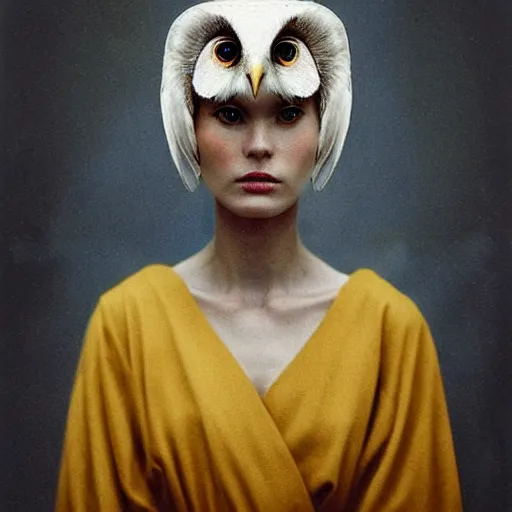 Image similar to head to shoulder portrait Polaroid film photograph of an elegant top model wearing a yellow kimono with a very detailed barn owl on her shoulder!!! in opera . looking at the camera!!. super resolution. Polaroid 600 film. art by Alessio albi and john william waterhouse.