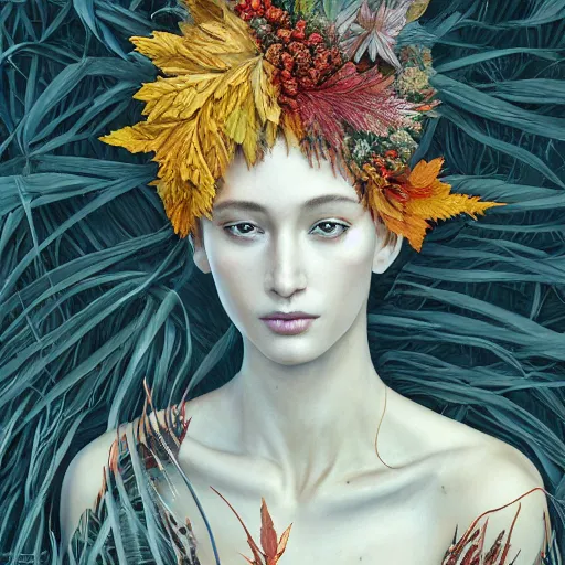 Image similar to the portrait of an extremely beautiful, gorgeous, elegant, graceful, sensual, playful, and sophisticated young woman made of leaves, an ultrafine detailed illustration by james jean, giuseppe arcimboldo, intricate, bright colors, final fantasy,, unreal engine 5 highly rendered, global illumination, radiant light, detailed.