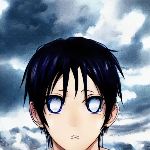 Image similar to high detailed anime portrait of man, black hair, short hair, blue eyes