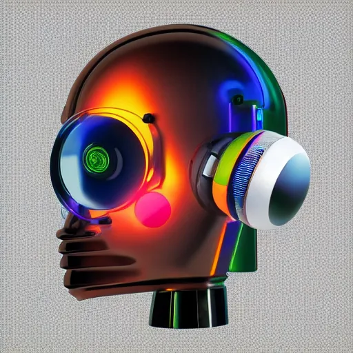 Image similar to a glossy claymodel of a atompunk aztec futurism robot head with glowing headphones, 8 k, symetrical, flourescent colors, halluzinogenic, multicolored, very detailed, black background, 3 d render,