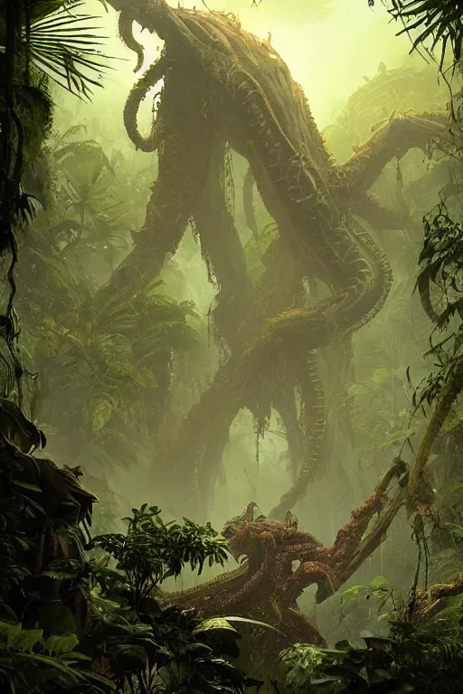 Image similar to giant alien queen in the Jungle, lovecraftian creature, dramatic lighting, cinematic, establishing shot, extremly high detail, foto realistic, cinematic lighting, post processed, concept art, artstation, matte painting, style by eddie mendoza, raphael lacoste, alex ross