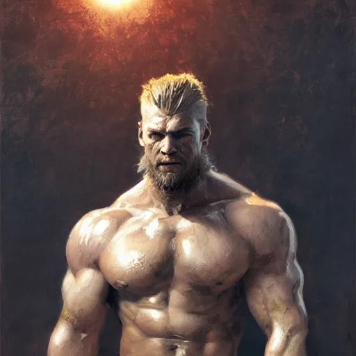 Image similar to handsome portrait of a viking guy bodybuilder posing, radiant light, caustics, war hero, metal gear solid, by gaston bussiere, bayard wu, greg rutkowski, giger, maxim verehin