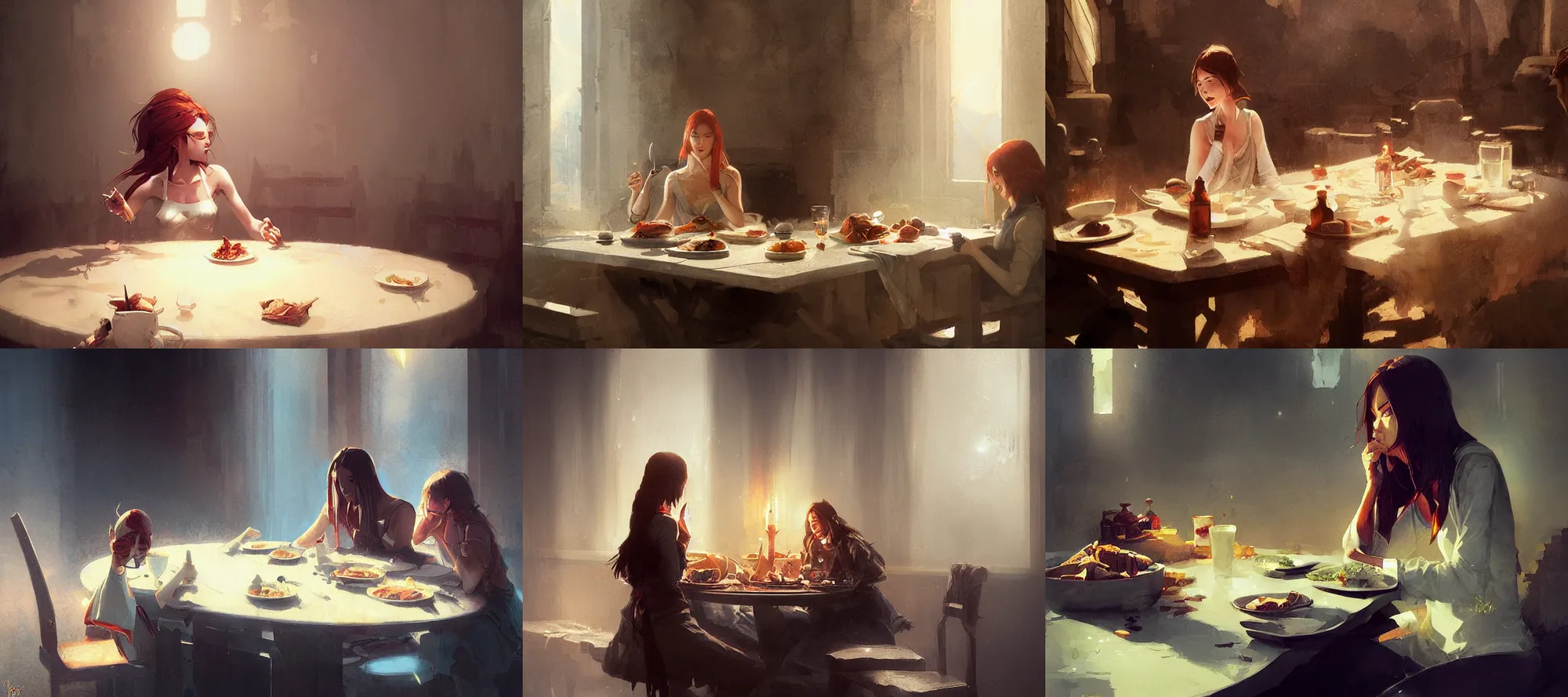 Prompt: angewoman eating dinner at a table happiness is temporary by greg rutkowski