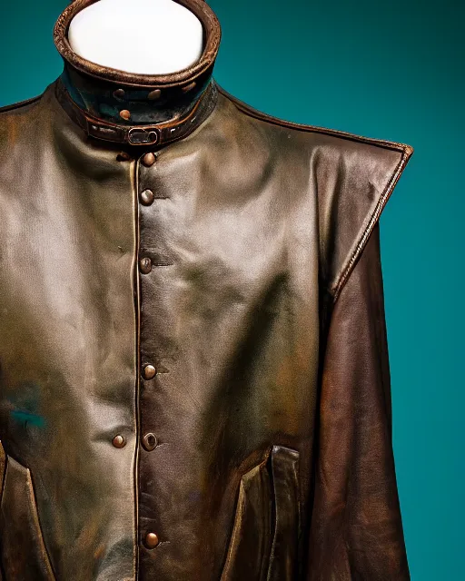 Image similar to an award - winning photo of a teal cropped extremely baggy ancient medieval designer menswear leather jacket with an oversized collar and bootcut trousers designed by alexander mcqueen, 4 k, studio lighting, wide angle lens