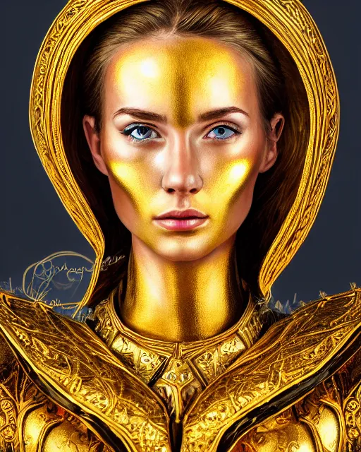 Image similar to gouache portrait of woman in shining golden armor, high production value, intricate details, high resolution, hdr, high definition, masterpiece, realistic, ultrarealistic, highly detailed, hd, sharp focus, non blurry, sharp, smooth