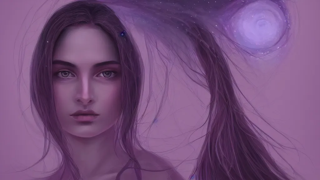 Image similar to an illustration of a mystical spiritual young woman, purple - tinted, wide - angle, high contrast, highly detailed, sharp focus, digital painting, 3 d art, illustration, trending on artstation,