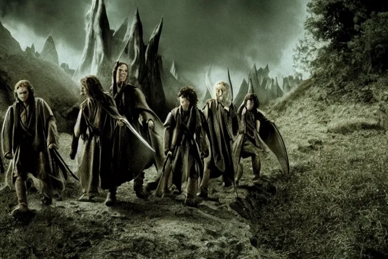 Prompt: movie still from the lord of the rings directed by ridley scott in the style of h. r. giger, frodo and sam leave the shire, dark landscape, cinematic, cinemascope