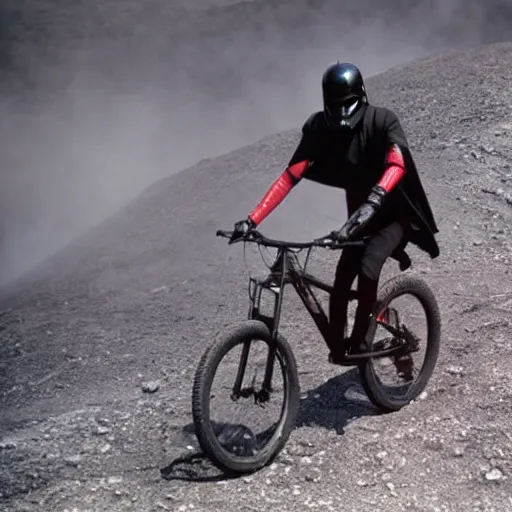 Image similar to darth vader riding a mountain bike through an active volcano