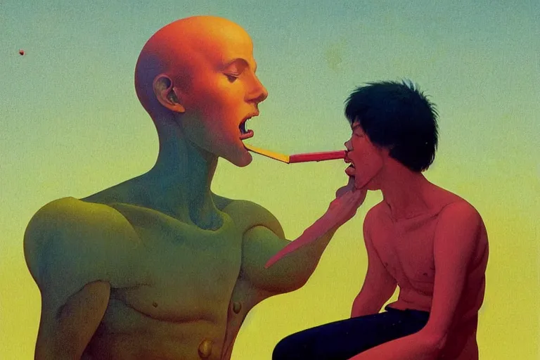 Image similar to a scifi closeup portrait of a young british man licking a blotter paper of LSD acid on his tongue and dreaming psychedelic hallucinations in cosmos, by kawase hasui, moebius, Edward Hopper and James Gilleard, Zdzislaw Beksinski, Steven Outram colorful flat surreal design, hd, 8k, artstation