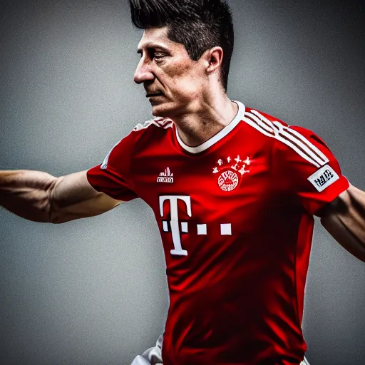 Image similar to Portrait of a Robert Lewandowski , EOS R5, f/2.8, HDR, natural light, medium close shot, dynamic pose, award winning photograph, Michelangelo style