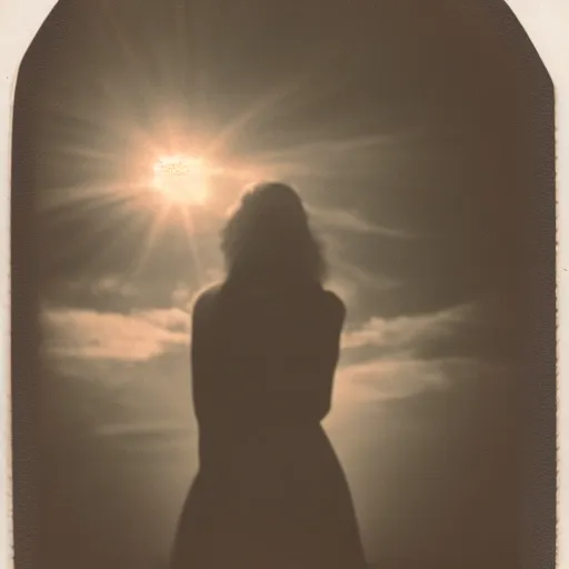 Prompt: an aged polaroid photo of a young woman seen from behind, the sun exploding in the sky, detailed clouds, high contrast, film grain, color bleed
