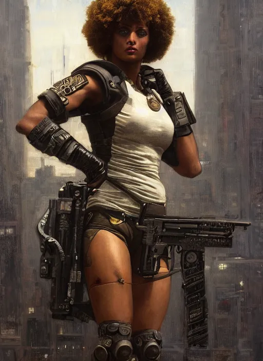 Image similar to buff Juliana. beautiful cyberpunk soldier wearing a military vest and military jumpsuit (cyberpunk 2077). gorgeous african face and afro. Iranian orientalist portrait by john william waterhouse and Edwin Longsden Long and Theodore Ralli and Nasreddine Dinet, oil on canvas. Cinematic, hyper realism, realistic proportions, dramatic lighting, high detail 4k