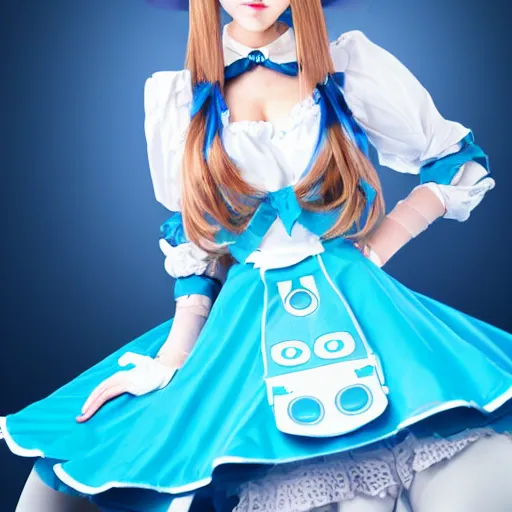 Prompt: a cute robot maid in blue maid costume , long hair, anime style.