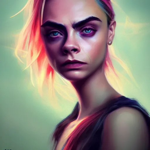 Image similar to cara delevingne, full body portrait colorful oil painting by mad dog jones, charlie bowater, yuumei, yanjun cheng, unreal 5, daz, hyperrealistic, octane render, rpg portrait, dynamic lighting, fantasy art, beautiful face