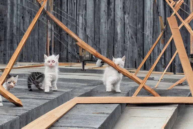 Image similar to kittens walking across a construction beam