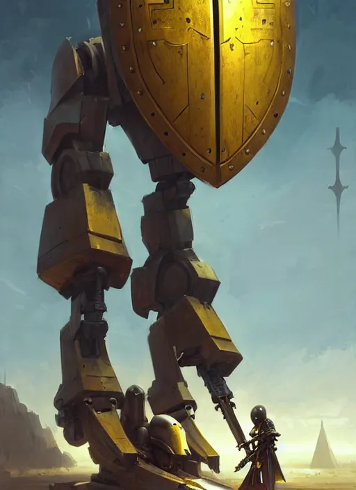 Prompt: tall strong yellow pit droid holding large paladin medieval shield!!! and a long medieval engraved powerful great sword, pancake short large head painterly humanoid mecha, beautiful fantasy background by Greg Rutkowski