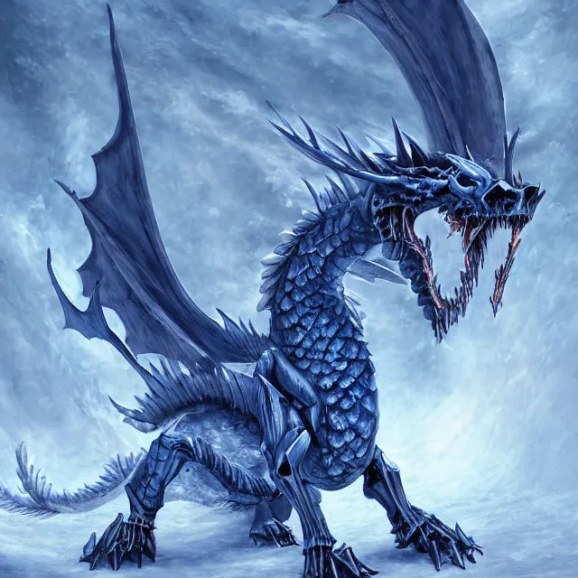 Prompt: a skeletal ice dragon, winter hell blue flames, artwork by Jaemin Kim