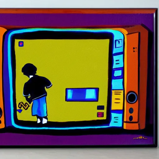 Image similar to a boy playing a video game on a wood panel CRT tv 1985 late at night oil on canvas