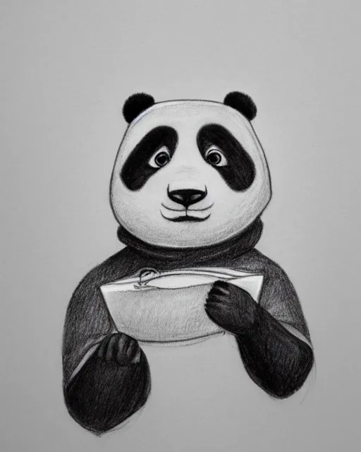 Image similar to a pencil drawing of an anthropomorphic panda wearing a hoodie on his head. head shot, by Pen Tacular