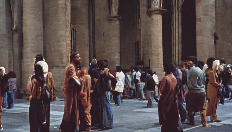 Image similar to 7 0 s movie still of notre dame de paris burning, cinestill 8 0 0 t 3 5 mm eastmancolor, heavy grain, high quality, high detail