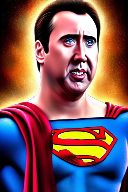 Image similar to portrait of nicolas cage as superman looking away from the camera, intricate, extremely detailed digital painting by mark brooks, artstation