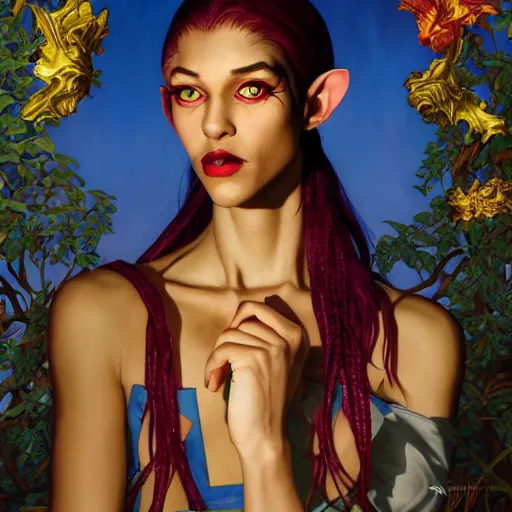 Image similar to dnd character portrait of a beautiful and androgynous half - elf with messy short red hair and dark skin tone and catlike features and yellow eyes with slit pupils, golden hour, wearing a colorful men's suit, realistic painting by kehinde wiley and ross tran and gerald brom and tasha beckwith and alphonse mucha, trending on artstation