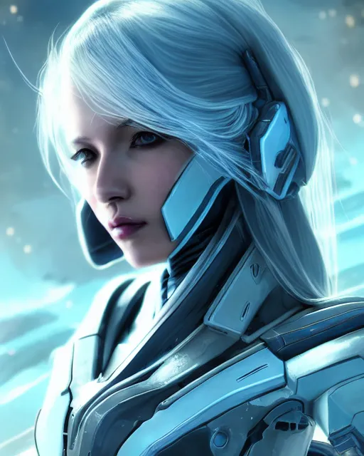 Image similar to perfect android girl on a mothership, warframe armor, beautiful face, scifi, futuristic, galaxy, nebula, raytracing, dreamy, long white hair, blue cyborg eyes, sharp focus, cinematic lighting, highly detailed, artstation, divine, by gauthier leblanc, kazuya takahashi, huifeng huang