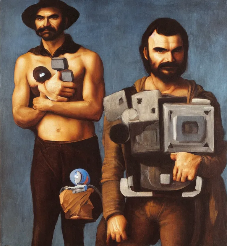 Image similar to oil painting half-length portrait of burt Reynolds holding the companion cube and a portal gun, by Leonardo da Vinci