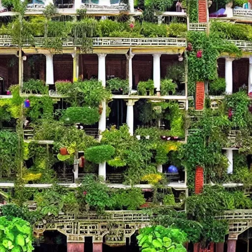 Image similar to hanging gardens of babylon with lots of people, shot from a distance