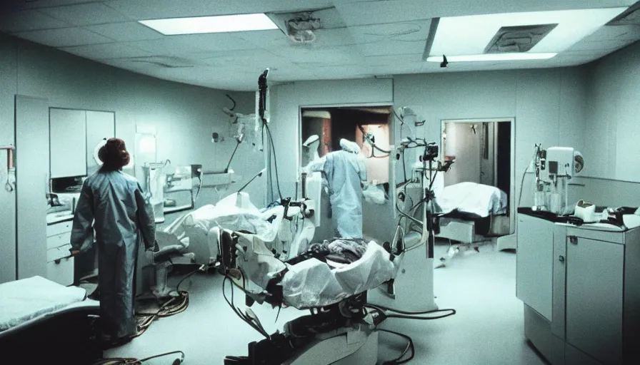 Prompt: 7 0 s film still from a horror movie about one person inside of an operating room, surgery, kodachrome, cinecolor, cinestill, film grain, film texture, retro, cinematic, high resolution, photorealism,