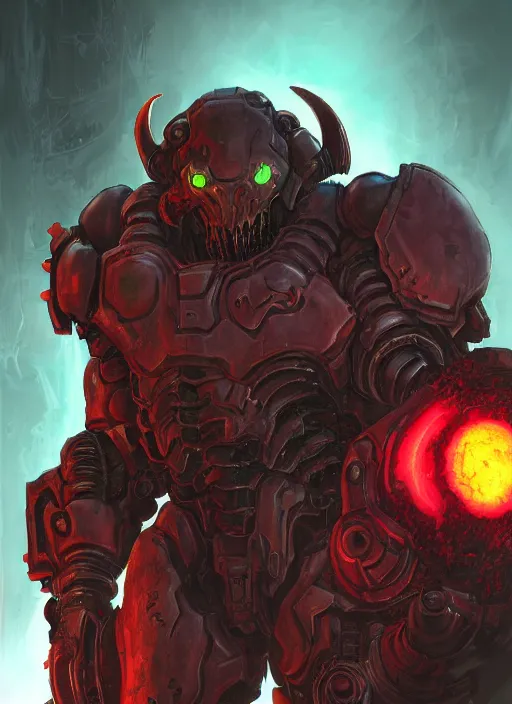 Image similar to ( doom ) cover featuring doom slayer!! cyberdemon!! by kenneth scott, artstation, vivid gaze