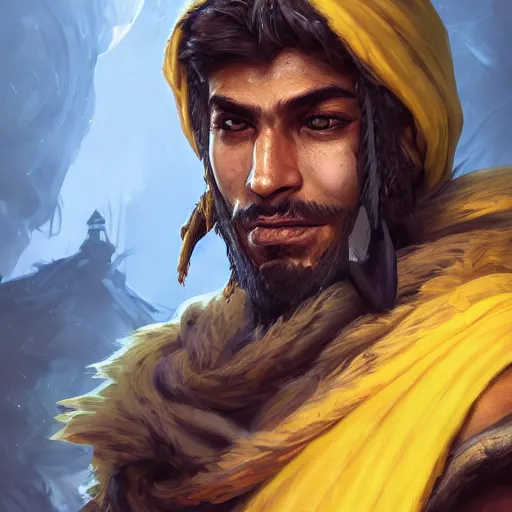 Image similar to portrait of young wild arabian nomad half werewolf, with yellow cloths, league of legends splash art, hearthstone splash art, full body shot, rule of thirds, ultrafine hyperrealistic detailed face, artgerm, greg rutkowski, trending on artstation, 8 k, intricately detailed, highly detailed