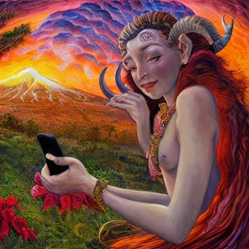 Image similar to painting by senior concept artist josephine wall, horned ram goddess checking her cell phone, erupting volcano and sunset in distance in background, flowers in foreground