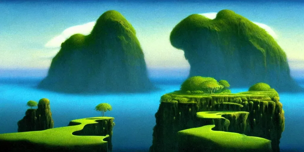 Image similar to islands floating in the air in the style of roger dean, atmospheric, mist, intricate detail,