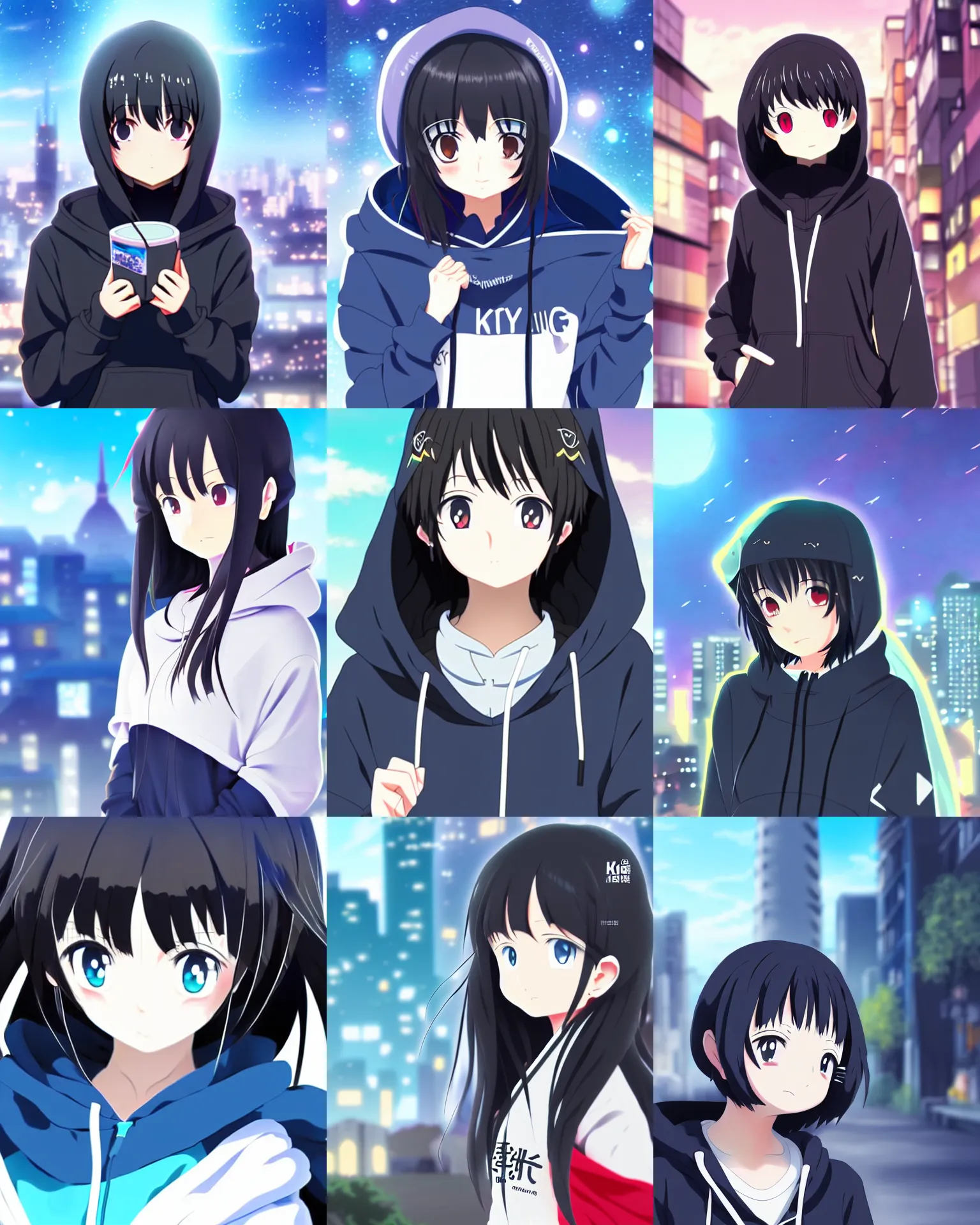 Prompt: black haired girl wearing hoodie, city, anime fantasy artwork, kyoto animation, key visual