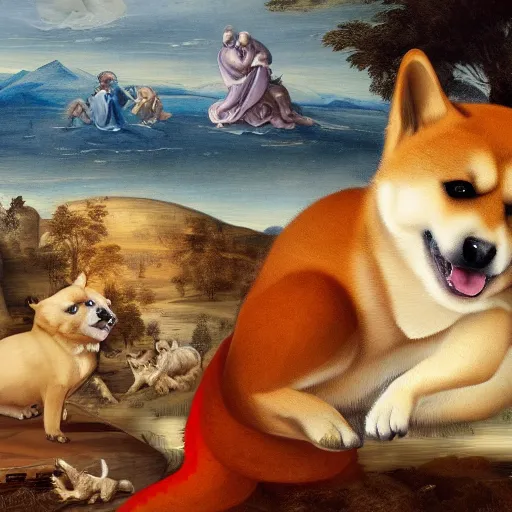 Image similar to a renaissance painting of a shiba inu and dragon hybrid, hd, artstation, 4 k wallpaper