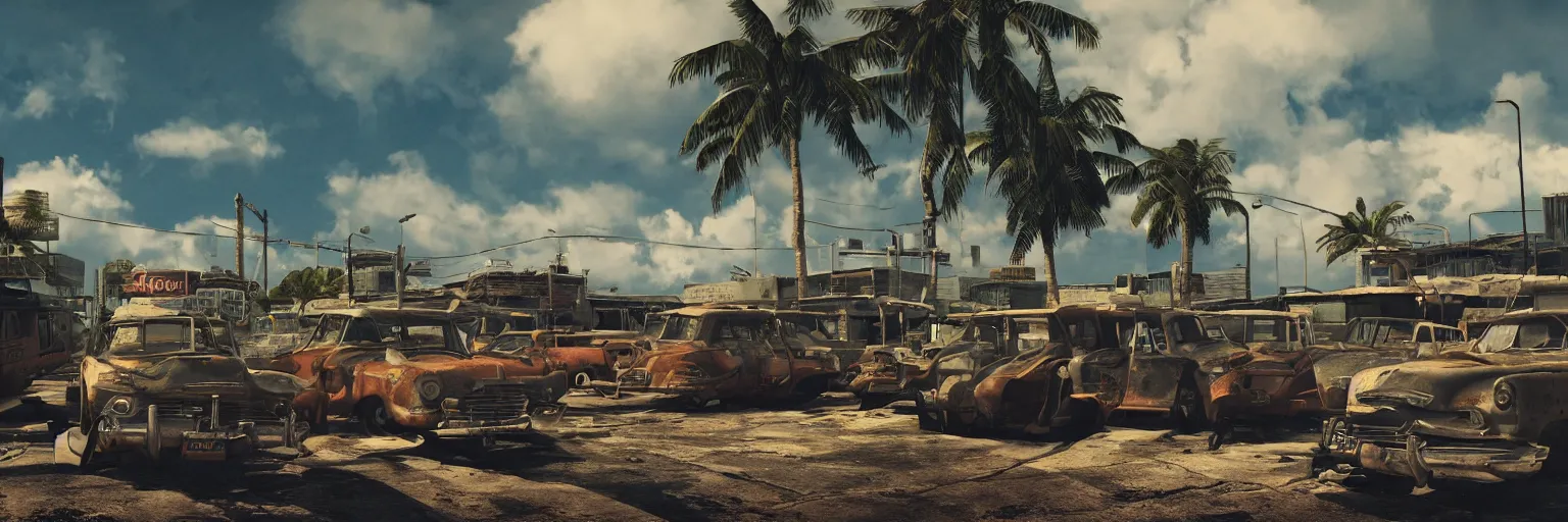 Image similar to fallout 5 : miami, outdoors ruined tropical city airport, rusted retro futuristic vintage styled parked cars, buses, trucks, atmospheric lighting, painted, intricate, volumetric lighting, summer, sunny weather, few clouds, sharp focus, deep colours, ultra detailed, by leesha hannigan, ross tran, thierry doizon, kai carpenter, ignacio fernandez rios