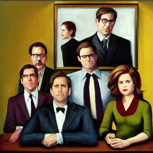 Image similar to the cast of the office, steve carell, jenna fischer, john krasinski, rainn wilson, portrait painting by edward hopper