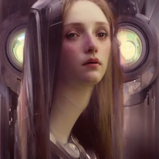 Image similar to hyperrealist portrait of a pretty young female robot with large eyes standing in front of a computer simulation by jeremy mann and alphonse mucha, fantasy art, photo realistic, dynamic lighting, artstation, poster, volumetric lighting, very detailed faces, award winning