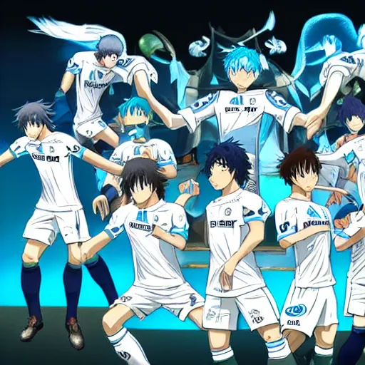 Image similar to olympique de marseille soccer team, anime style like fate/stay night