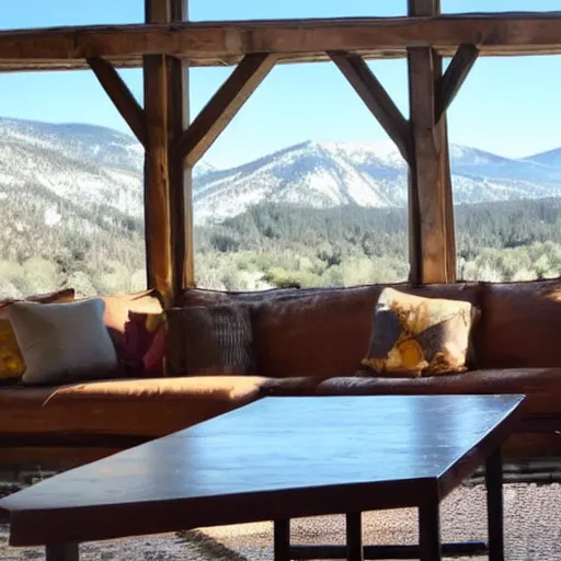 Prompt: cute coffee table overlooking blurred out rustic country mountains in the background and sunny sky