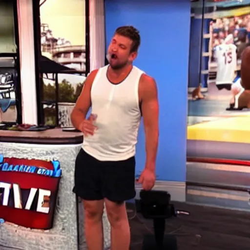 Image similar to the local news sports guy wearing a tattered white tanktop during a live broadcast, visibly drunk