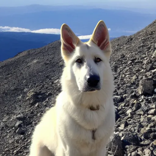 Prompt: a white german shepherd on a mountain top