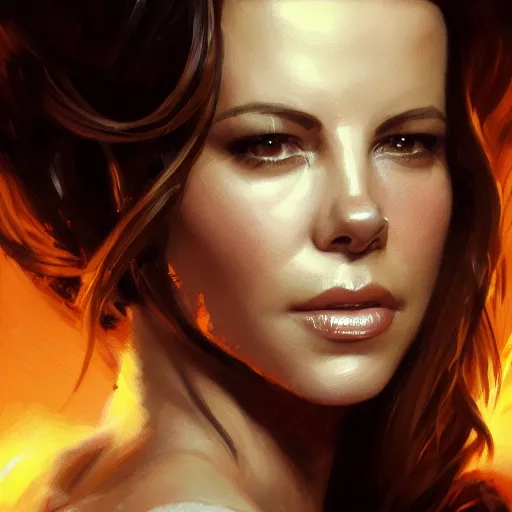 Image similar to closeup portrait of a kate beckinsale, seductive smile, soldier, army chiaroscuro, evil dead,, golden hour, dramatic lighting, complementary contrast, high detail, painted by greg rutkowski, painted by igor kieryluk, trending on artstation