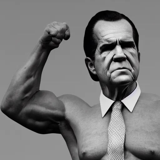 Image similar to richard nixon as an amazon warrior, muscles, muscles, 4 k, octane render, volumetric lighting, unreal engine, raytacing