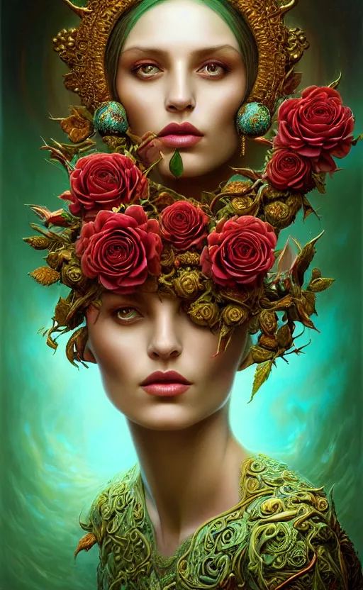 Prompt: portrait of a beautiful rose goddess, unusual beauty, esoteric, outher worldly colours, head in focus, fantasy art, ornamental rose turquoise aesthetics,, intricate, elegant, highly detailed hyperrealistic painting, artstation, concept art, painterly, golden ratio, sharp focus, illustration, art by tomasz alen kopera