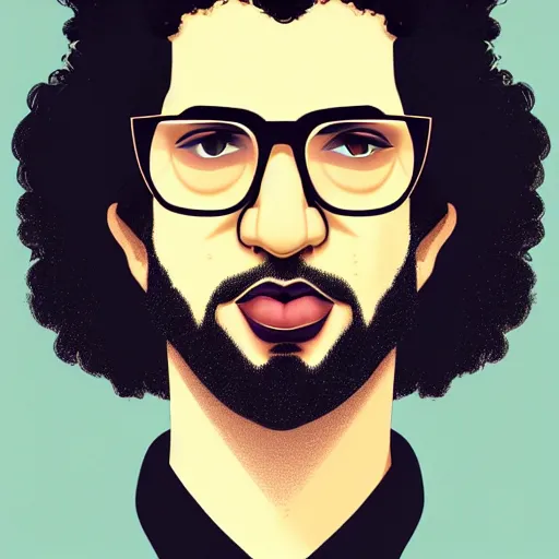 Prompt: A curly-haired persian guy wearing square black glasses and a goatee, muted colors, matte print, pastel colors, 2d, ultra highly detailed, smooth, sharp focus, digital art, digital painting, fan art, elegant, artstation, head is centered, by Ilya Kuvshinov