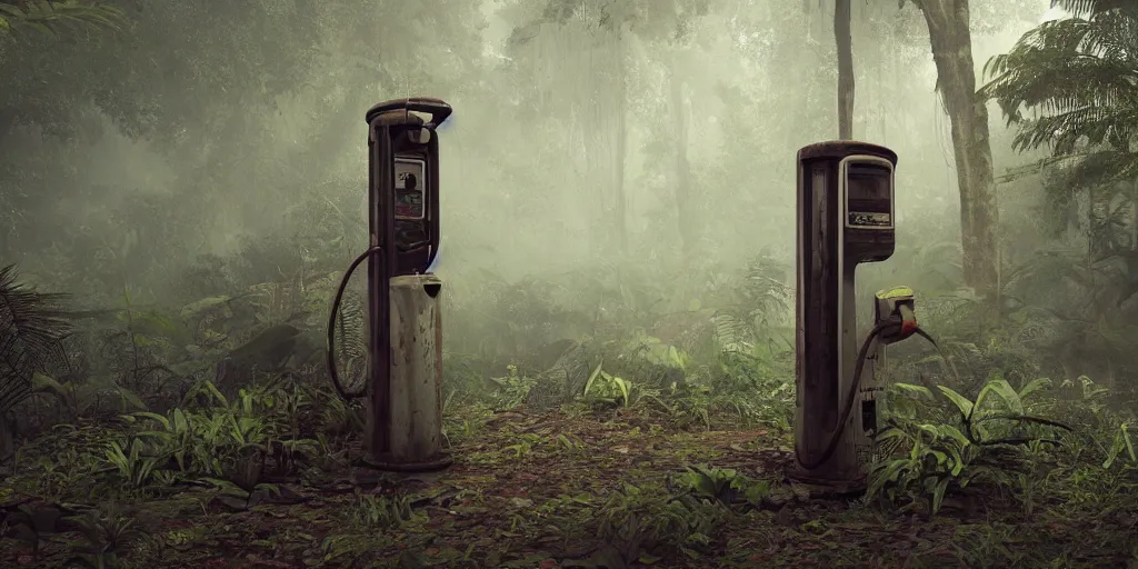 Prompt: old abandoned gas pump somewhere in the rainforest. nature is taking over. matte painting in the style of craig mullins. mist. cinematic. octane render.