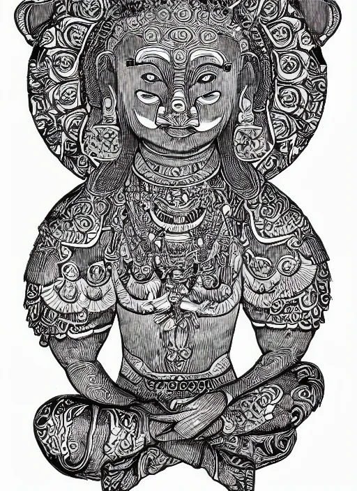 Image similar to detailed pen and ink illustration of a man with a bears head, Buddhist bodhisattva, anthropomorphic, all drawn with micron, seated in royal ease, black micron pen on white paper, highly detailed, fine pen work, white background