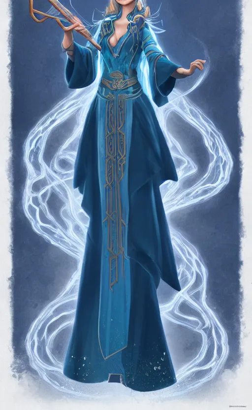 Image similar to elf female sorcerer doing water magic spells, blue robes, exquisite details, full body character design on a white background, by studio muti